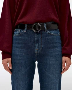 Ring Buckle Leather Belt in Black