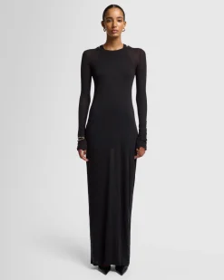 Sheer Long Sleeve Maxi Dress in Black