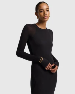 Sheer Long Sleeve Maxi Dress in Black