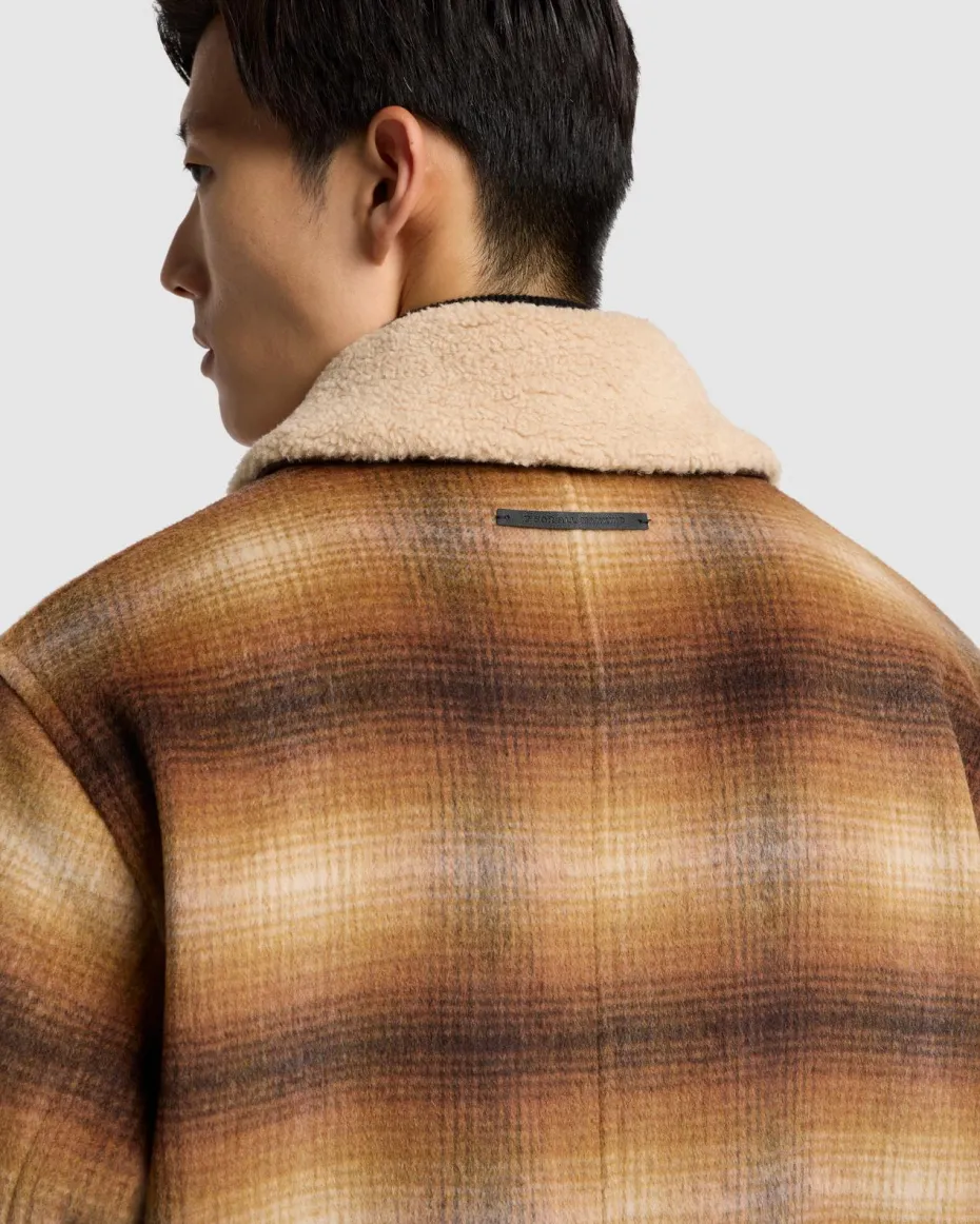 Sherpa Wool Coat in Brown Plaid