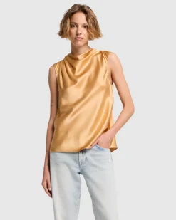 Silk High Neck Draped Blouse in Porcini