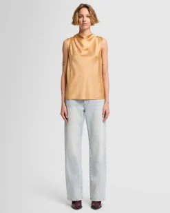 Silk High Neck Draped Blouse in Porcini