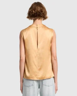 Silk High Neck Draped Blouse in Porcini