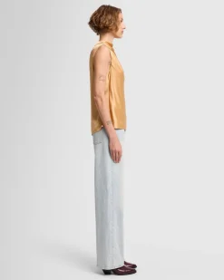 Silk High Neck Draped Blouse in Porcini