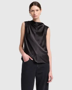 Silk High Neck Draped Blouse in Porcini