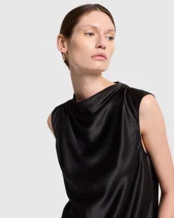 Silk High Neck Draped Blouse in Porcini