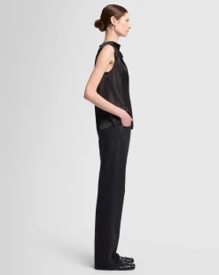 Silk High Neck Draped Blouse in Porcini