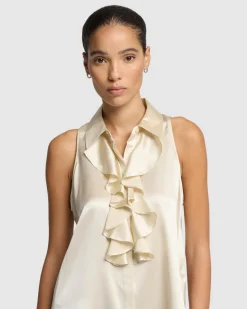 Silk Ruffle Bow Halter Top in Ivory
