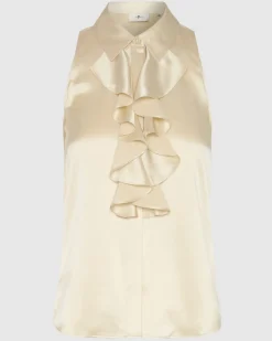 Silk Ruffle Bow Halter Top in Ivory