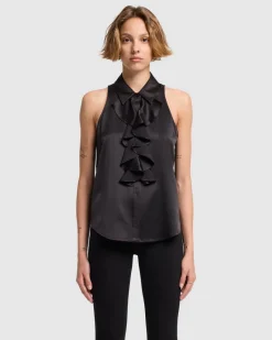Silk Ruffle Bow Halter Top in Ivory