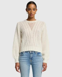 Wool Blend Cable Pullover in Off White