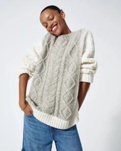 Wool Mock Neck Cable Pullover in Quiet Grey